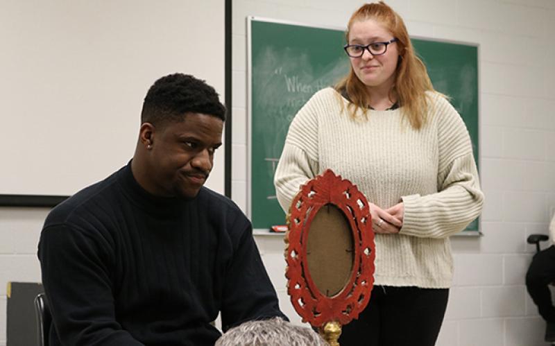 Sterling Wesley and second-year theatre and linguistics major Shaciah Lee at rehearsal.