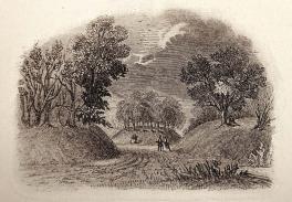 This engraving of the gateway of the Octagon Mound looking inward appeared in Squier & Davis’ Ancient Monuments of the Mississippi Valley in 1848.