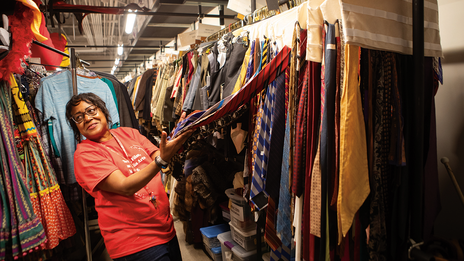 The costume shop in the new Theatre, Film, and Media Arts Building houses the department’s large collection.